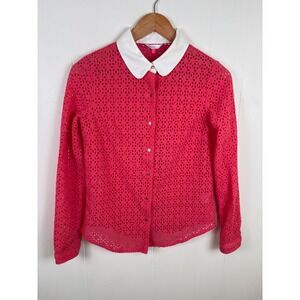 Moonbasa Pink Eyelet‎ Top White Peter Pan Collar Button Down Long Sleeve Shirt L